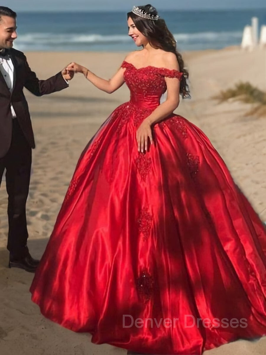 Party Dresses Outfit, Ball Gown Off-the-Shoulder Sweep Train Satin Prom Dresses With Appliques Lace