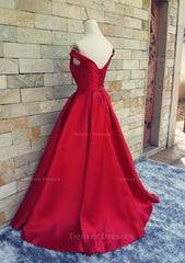Garden Wedding, Ball Gown Off-The-Shoulder Sweep Train Satin Prom Dresses With Waistband