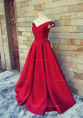 Wedding Photo, Ball Gown Off-The-Shoulder Sweep Train Satin Prom Dresses With Waistband
