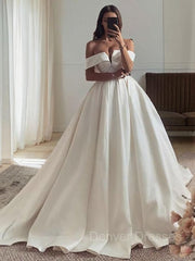 Wedding Dress Open Back, Ball Gown Off-the-Shoulder Sweep Train Satin Wedding Dresses
