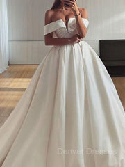 Wedding Dresses For Bride And Groom, Ball Gown Off-the-Shoulder Sweep Train Satin Wedding Dresses