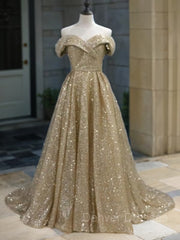 Party Dress Maxi, Ball Gown Off-the-Shoulder Sweep Train Sequins Prom Dresses With Lace