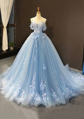 Prom Dresses White And Gold, Ball Gown Off-the-Shoulder Sweep Train Tulle Prom Dress With Appliqued