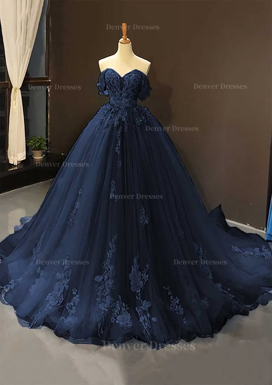 Black Dress, Ball Gown Off-the-Shoulder Sweep Train Tulle Prom Dress With Appliqued