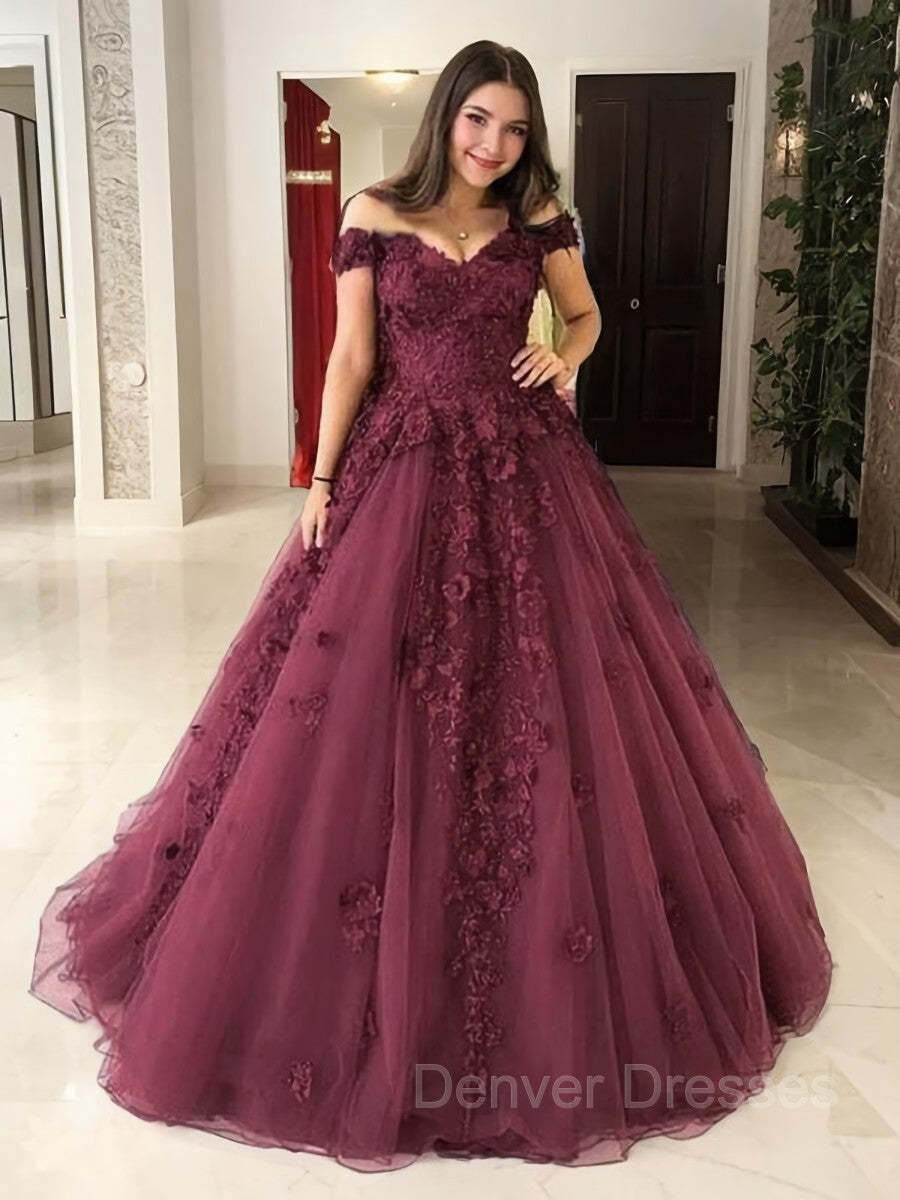Party Dress Night, Ball Gown Off-the-Shoulder Sweep Train Tulle Prom Dresses With Appliques Lace