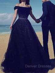 Evening Dresses V Neck, Ball Gown Off-the-Shoulder Sweep Train Tulle Prom Dresses With Beading