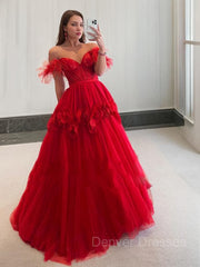 Party Dresses For Weddings, Ball Gown Off-the-Shoulder Sweep Train Tulle Prom Dresses With Flower