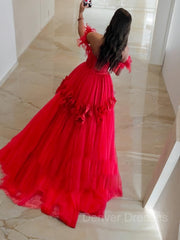 Party Dress Summer, Ball Gown Off-the-Shoulder Sweep Train Tulle Prom Dresses With Flower