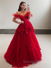 Party Dress Codes, Ball Gown Off-the-Shoulder Sweep Train Tulle Prom Dresses With Flower