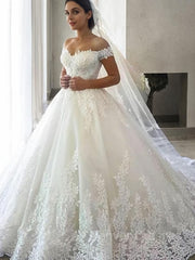 Wedding Dress Train, Ball Gown Off-the-Shoulder Sweep Train Tulle Wedding Dresses With Appliques Lace