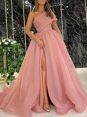 Party Dress 2040, Ball Gown One-Shoulder Sweep Train Organza Prom Dresses With Leg Slit