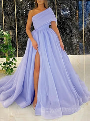 Party Dresses 2038, Ball Gown One-Shoulder Sweep Train Organza Prom Dresses With Leg Slit