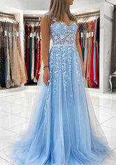 Dream Wedding, Ball Gown Princess Sweetheart Tulle Sweep Train Prom Dress With Appliqued Lace