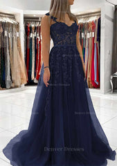 Bridesmaids Dress Modest, Ball Gown Princess Sweetheart Tulle Sweep Train Prom Dress With Appliqued Lace