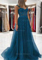 Bridesmaid Dress Modest, Ball Gown Princess Sweetheart Tulle Sweep Train Prom Dress With Appliqued Lace