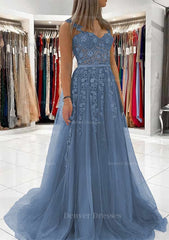 Bridesmaids Dresses Modest, Ball Gown Princess Sweetheart Tulle Sweep Train Prom Dress With Appliqued Lace