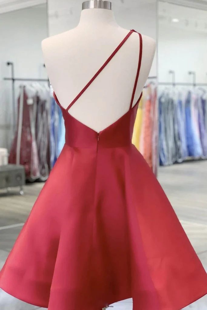 Dress Ideas, Ball Gown Red Hand-Made Flowers Satin One Shoulder Sleeveless Short Homecoming Dresses