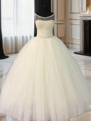 Wedding Dress Near Me, Ball-Gown Scoop Beading Floor-Length Tulle Wedding Dress