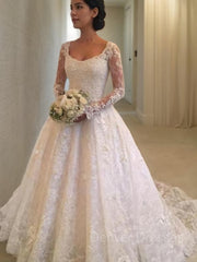 Wedding Dress Fitting, Ball Gown Scoop Cathedral Train Lace Wedding Dresses With Ruffles
