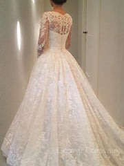 Wedding Dresses Rustic, Ball Gown Scoop Cathedral Train Lace Wedding Dresses With Ruffles