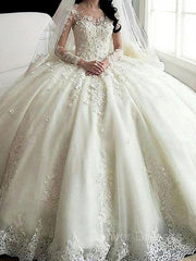 Wedding Dress Shoe, Ball Gown Scoop Cathedral Train Tulle Wedding Dresses With Appliques Lace