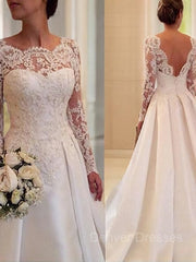 Wedding Dress Casual, Ball Gown Scoop Court Train Satin Wedding Dresses With Lace
