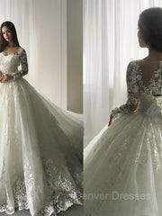 Weddings Dresses With Sleeves, Ball Gown Scoop Court Train Tulle Wedding Dresses With Appliques Lace