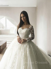 Wedding Dresses For Bride 2030, Ball Gown Scoop Court Train Tulle Wedding Dresses With Appliques Lace
