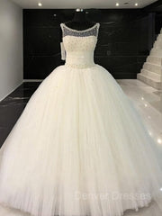 Wedding Dresses With Sleeves Lace, Ball Gown Scoop Floor-Length Tulle Wedding Dresses With Beading