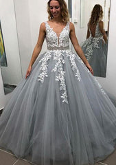 Evening Dress Sleeves, Ball Gown Sleeveless Long/Floor-Length Tulle Prom Dress With Lace Appliqued Beading