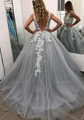 Evening Dress Open Back, Ball Gown Sleeveless Long/Floor-Length Tulle Prom Dress With Lace Appliqued Beading