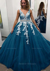 Evening Dress With Sleeve, Ball Gown Sleeveless Long/Floor-Length Tulle Prom Dress With Lace Appliqued Beading