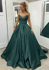 Evening Dresses Gold, Ball Gown Sleeveless Scalloped Neck Sweep Train Satin Prom Dress With Pleated Pockets