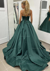 Evening Dresses 24, Ball Gown Sleeveless Scalloped Neck Sweep Train Satin Prom Dress With Pleated Pockets