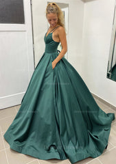 Evening Dresses For Over 64S, Ball Gown Sleeveless Scalloped Neck Sweep Train Satin Prom Dress With Pleated Pockets