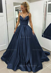 Evening Dresses For Over 64, Ball Gown Sleeveless Scalloped Neck Sweep Train Satin Prom Dress With Pleated Pockets