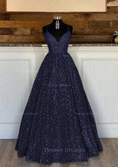 Bridesmaid Dress With Sleeve, Ball Gown Sleeveless V Neck Long/Floor-Length Sequined Sparkling Prom Dress With Pleated