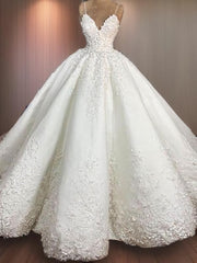 Wedding Dress Ball Gown, Ball-Gown Spaghetti Straps Applique Floor-Length Satin Wedding Dress