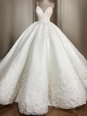 Wedding Dresses 2028, Ball Gown Spaghetti Straps Floor-Length Satin Wedding Dresses