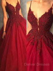 Evening Dress Wedding, Ball Gown Spaghetti Straps Sweep Train Tulle Prom Dresses With Appliques Lace