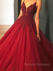 Evening Dress Long, Ball Gown Spaghetti Straps Sweep Train Tulle Prom Dresses With Appliques Lace