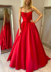 Party Dresses Maxi, Ball Gown Square Neckline Sleeveless Satin Sweep Train Prom Dress With Pleated Pockets