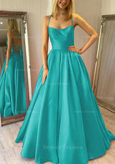 Party Dress Styling Ideas, Ball Gown Square Neckline Sleeveless Satin Sweep Train Prom Dress With Pleated Pockets