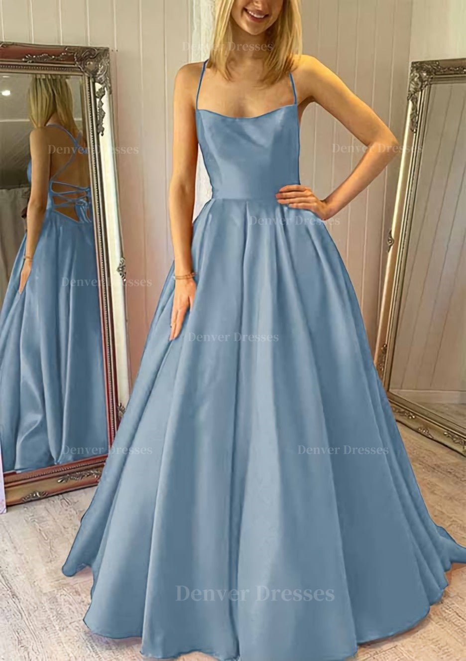 Party Dresses Shorts, Ball Gown Square Neckline Sleeveless Satin Sweep Train Prom Dress With Pleated Pockets