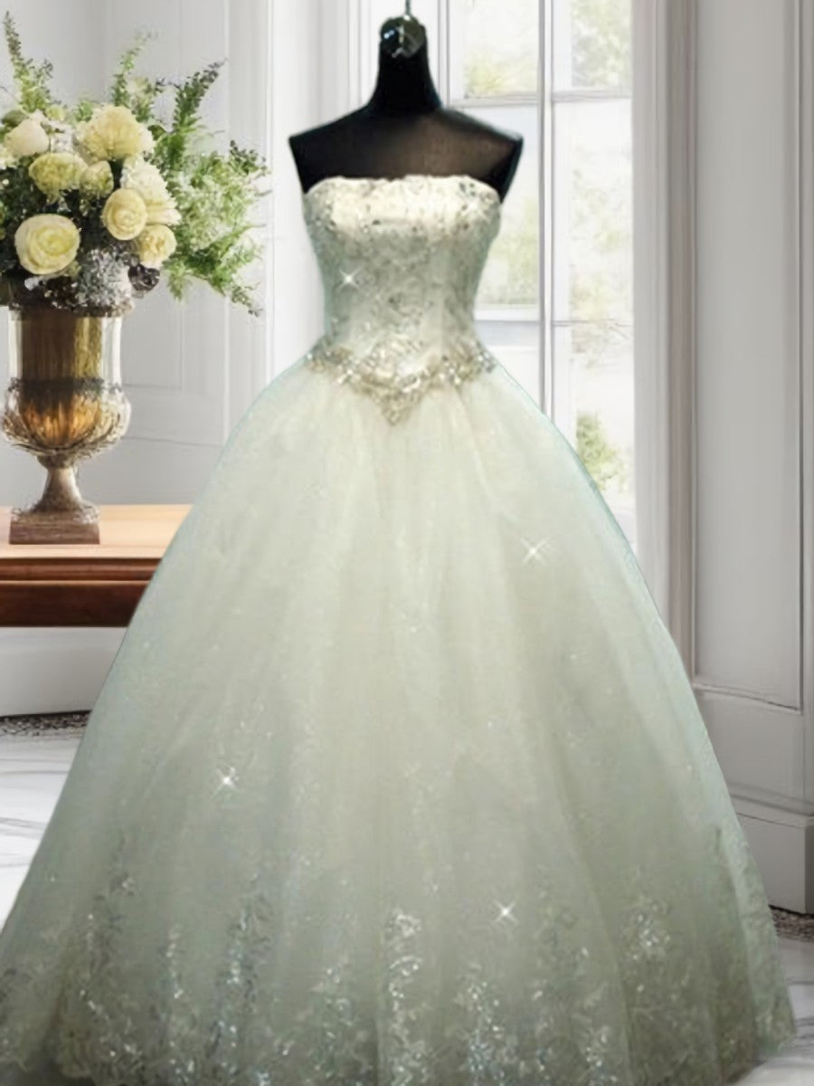 Wedding Dresses Outfits, Ball-Gown Straight Beading Floor-Length Tulle Wedding Dress