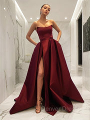 Wedding Photo Ideas, Ball Gown Strapless Sweep Train Satin Prom Dresses With Leg Slit