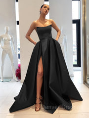Wedding Inspo, Ball Gown Strapless Sweep Train Satin Prom Dresses With Leg Slit