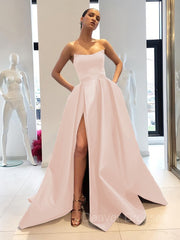 Spring Wedding, Ball Gown Strapless Sweep Train Satin Prom Dresses With Leg Slit