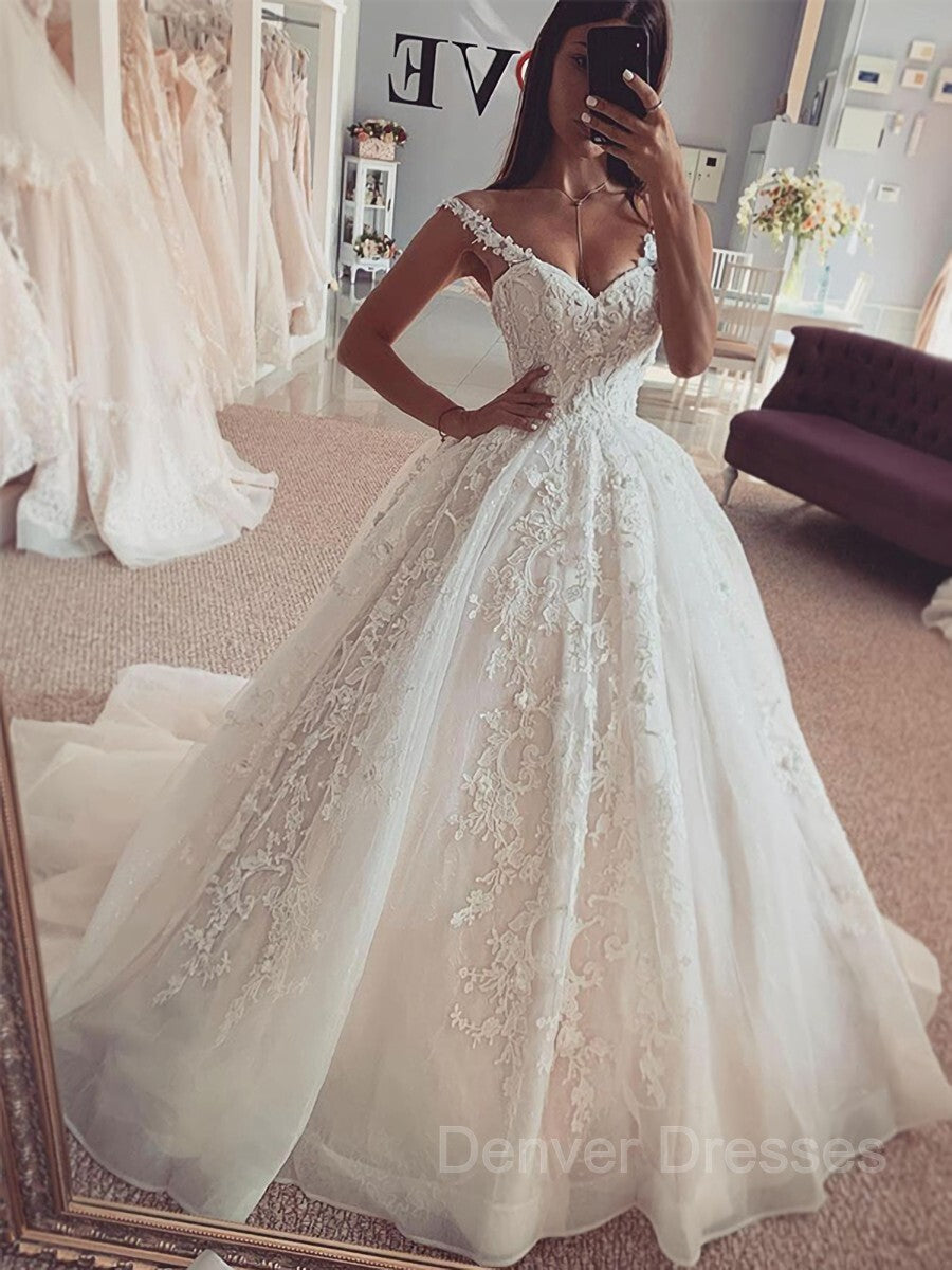 Wedding Dress Under 506, Ball Gown Straps Sweep Train Tulle Wedding Dresses With Appliques Lace