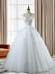 Wedding Dresses Aesthetic, Ball-Gown Sweetheart Applique Floor-Length Tulle Wedding Dress